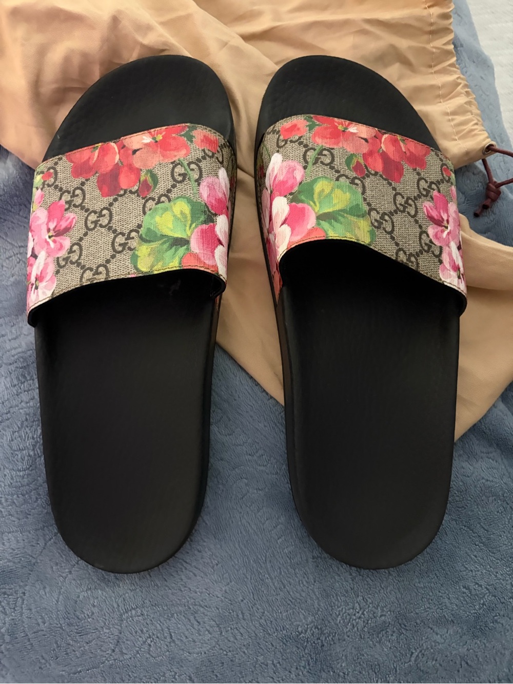Gucci Floral GG Canvas Slide Sandals in Black, Pink & Green